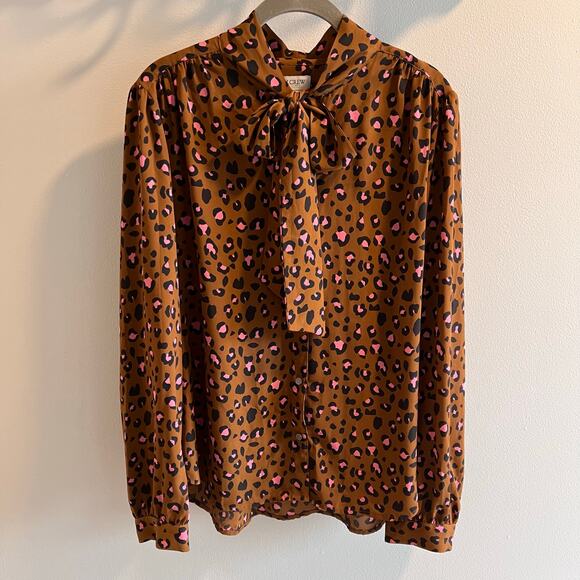 J. Crew Leopard Print Button Front Bow Tie Blouse Size L - Picture 1 of 8
